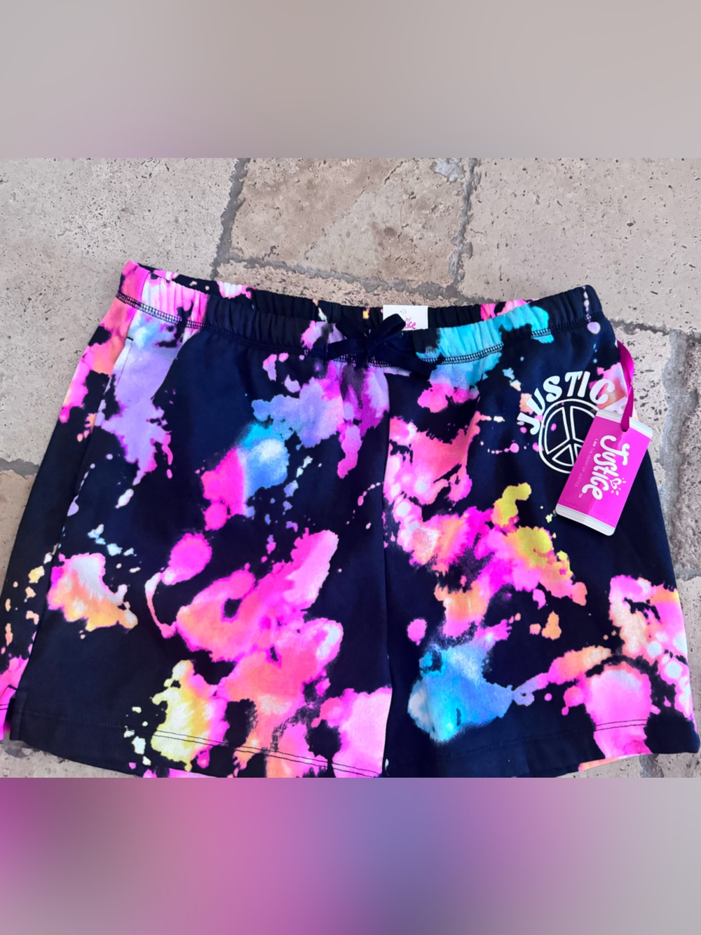 Justice Girls Shorts with multicolor Tie Dye on Black Fleece Size SZ 16P/18P